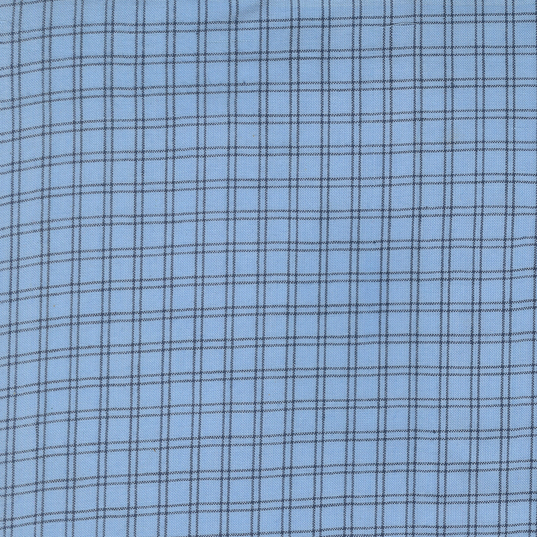 Summer Solstice Wovens Blue Checks Waterfall woven cotton fabric featuring fine navy checks on a soft sky blue background by Pieces To Treasure for Moda Fabrics.