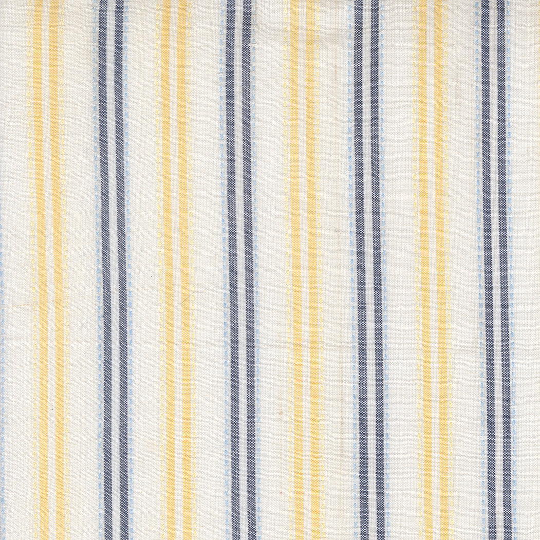 Summer Solstice Wovens Ticking Stripe Afternoon woven cotton fabric featuring yellow, navy, and sky blue ticking stripes on an ivory background by Pieces To Treasure for Moda Fabrics.
