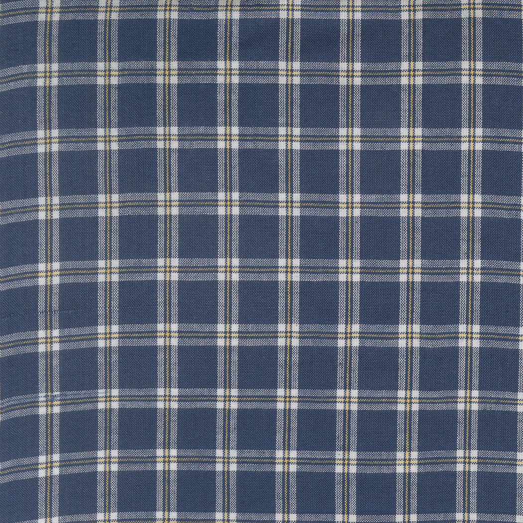 Summer Solstice Wovens Plaid Nautical Blue woven cotton fabric featuring a classic navy blue, ivory, and golden plaid by Pieces To Treasure for Moda Fabrics.