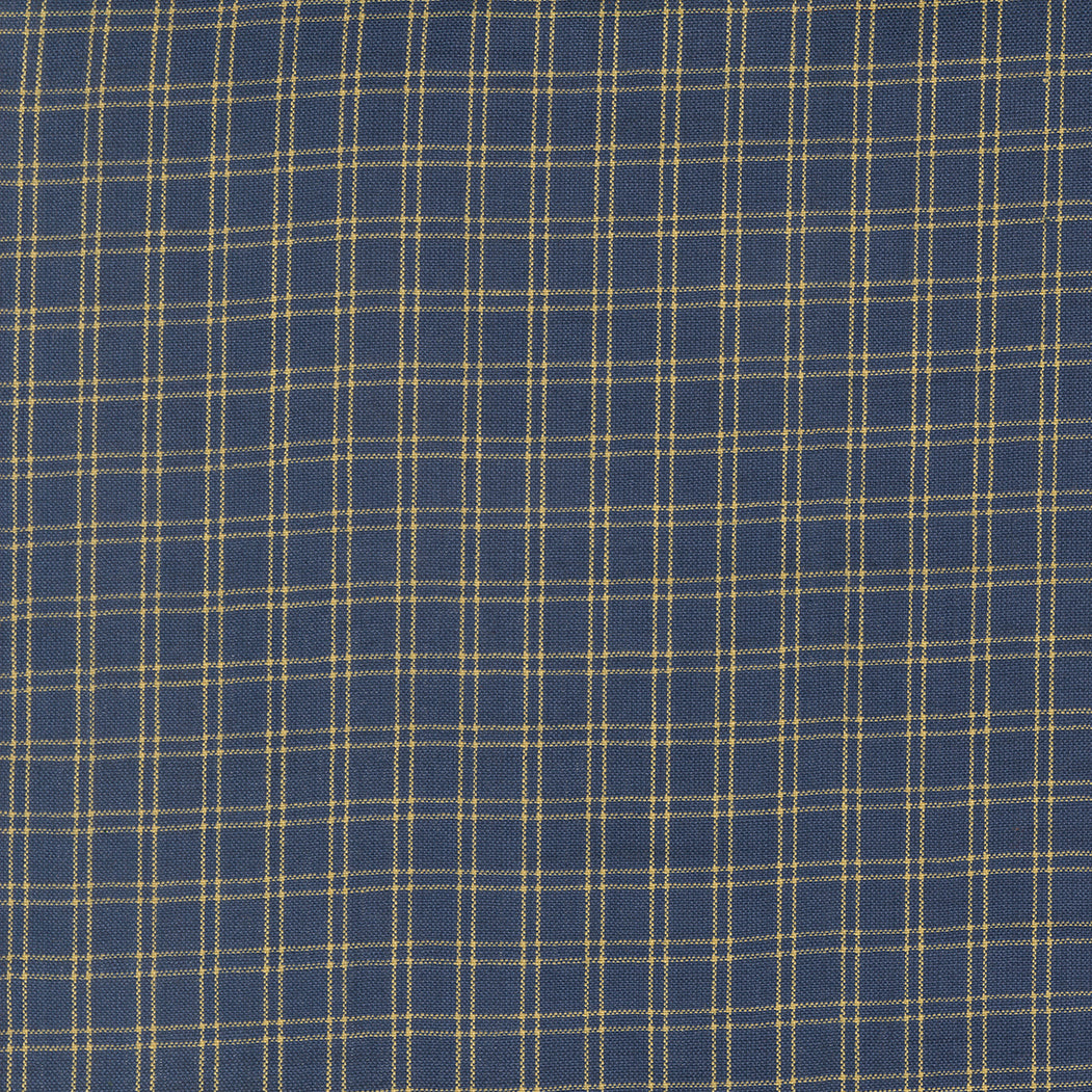Summer Solstice Wovens Checks Nautical Blue woven cotton fabric featuring a fine navy blue and golden check pattern by Pieces To Treasure for Moda Fabrics.