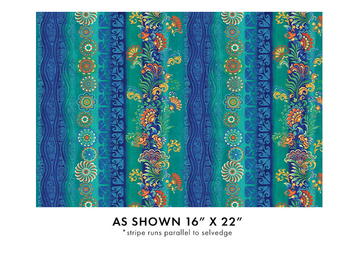 Atlantis Ocean Stripe quilt cotton by Benartex – teal and blue stripes featuring coral, shells, scrolls, and mermaid motifs, 43–44″ wide