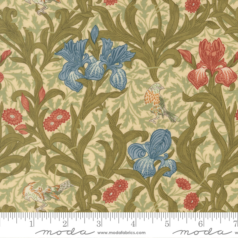 Morris Muse Iris Florals Parchment quilting cotton by Barbara Brackman for Moda Fabrics featuring blue and coral iris flowers, graceful birds, and scrolling green foliage on a soft parchment background.