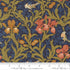 Morris Muse Iris Florals Twilight quilting cotton by Barbara Brackman for Moda Fabrics featuring coral and golden iris flowers, delicate songbirds, and scrolling olive foliage on a deep twilight blue botanical background.