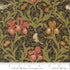 Morris Muse Iris Florals Ebony quilting cotton by Barbara Brackman for Moda Fabrics featuring coral and golden iris flowers, delicate songbirds, and scrolling olive foliage on a rich ebony botanical background.