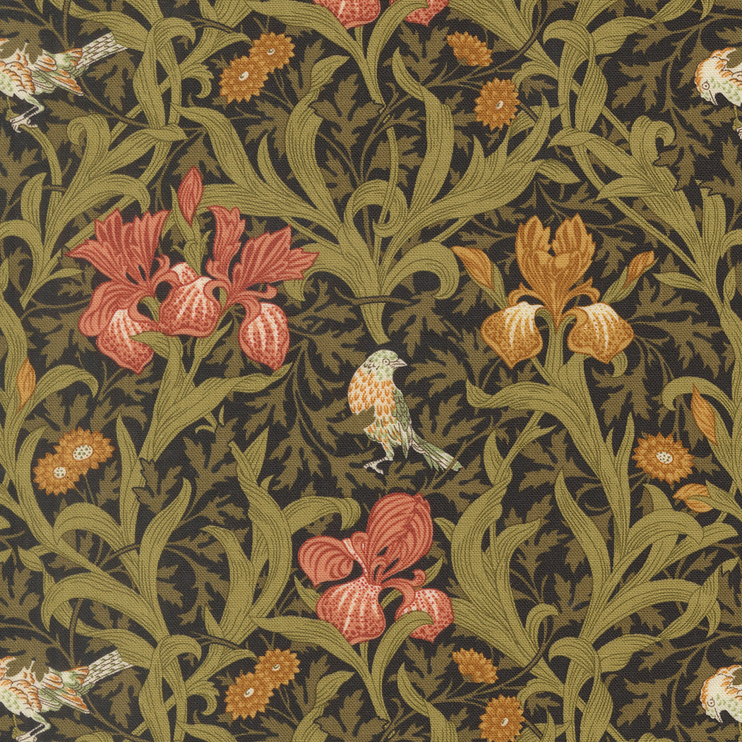 Morris Muse Iris Florals Ebony quilting cotton by Barbara Brackman for Moda Fabrics featuring coral and golden iris flowers, delicate songbirds, and scrolling olive foliage on a rich ebony botanical background.