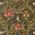Morris Muse Iris Florals Ebony quilting cotton by Barbara Brackman for Moda Fabrics featuring coral and golden iris flowers, delicate songbirds, and scrolling olive foliage on a rich ebony botanical background.