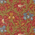 Morris Muse Iris Florals Russet quilting cotton by Barbara Brackman for Moda Fabrics featuring blue, coral, and golden iris flowers, delicate songbirds, and scrolling olive foliage on a warm russet botanical background.
