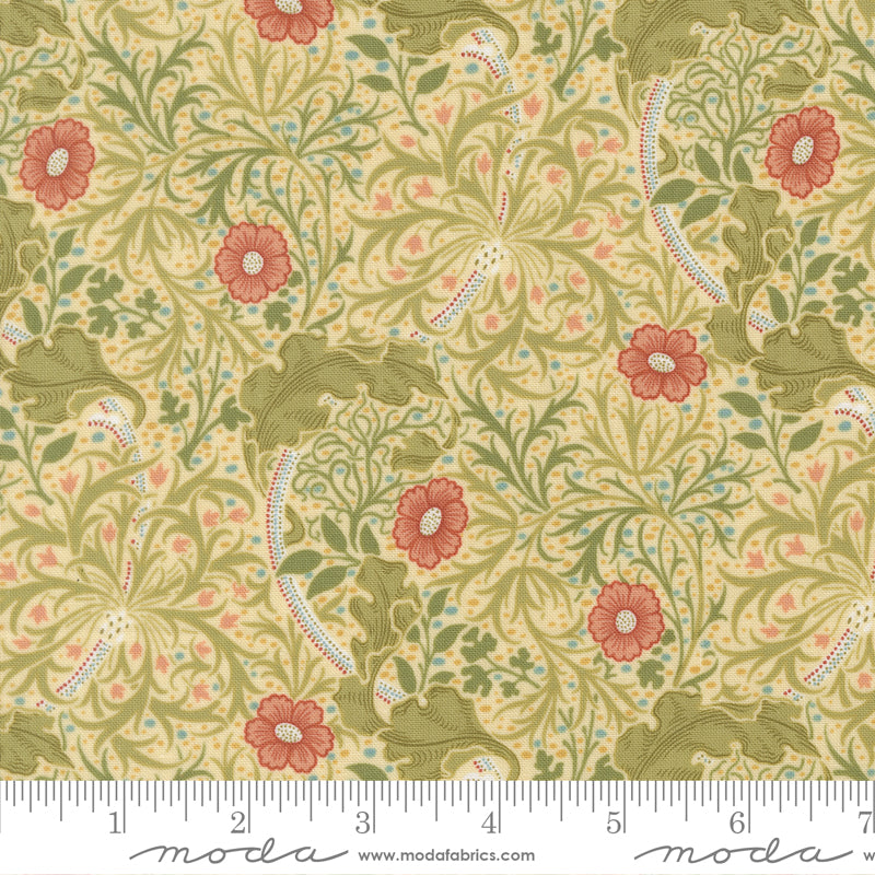 Morris Muse Seaweed Parchment quilting cotton by Barbara Brackman for Moda Fabrics featuring flowing seaweed vines, delicate coral flowers, and intricate botanical scrollwork on a soft parchment background.