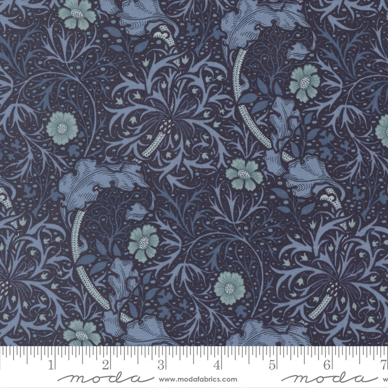 Morris Muse Seaweed Twilight quilting cotton by Barbara Brackman for Moda Fabrics featuring flowing seaweed vines, delicate blue flowers, and intricate botanical scrollwork on a rich twilight blue background.