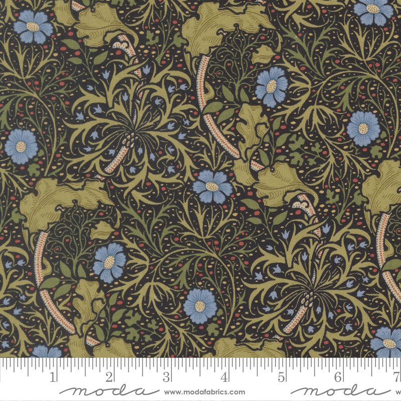 Morris Muse Seaweed Ebony quilting cotton by Barbara Brackman for Moda Fabrics featuring flowing botanical vines, delicate blue flowers, and intricate Arts & Crafts scrollwork on a rich ebony background.