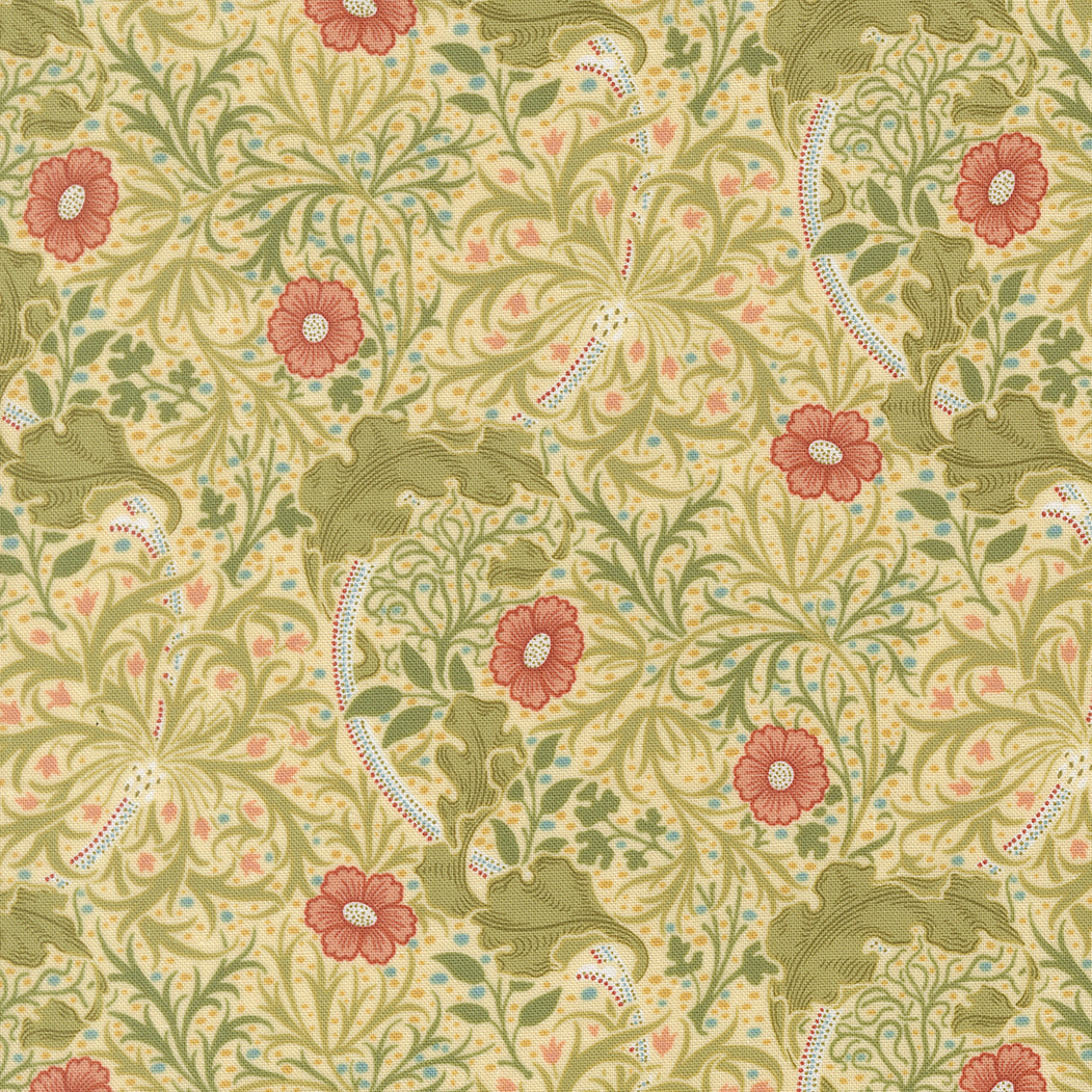 Morris Muse Seaweed Parchment quilting cotton by Barbara Brackman for Moda Fabrics featuring flowing seaweed vines, delicate coral flowers, and intricate botanical scrollwork on a soft parchment background.