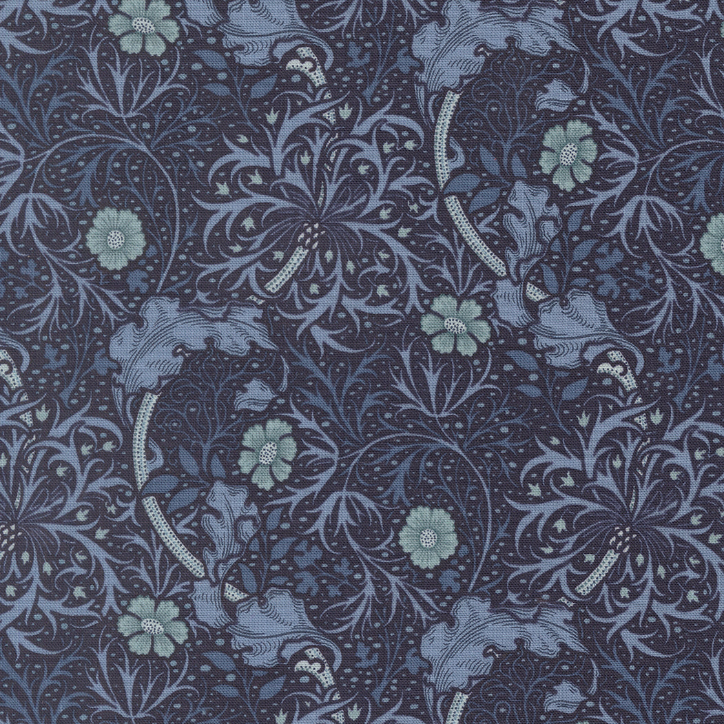 Morris Muse Seaweed Twilight quilting cotton by Barbara Brackman for Moda Fabrics featuring flowing seaweed vines, delicate blue flowers, and intricate botanical scrollwork on a rich twilight blue background.