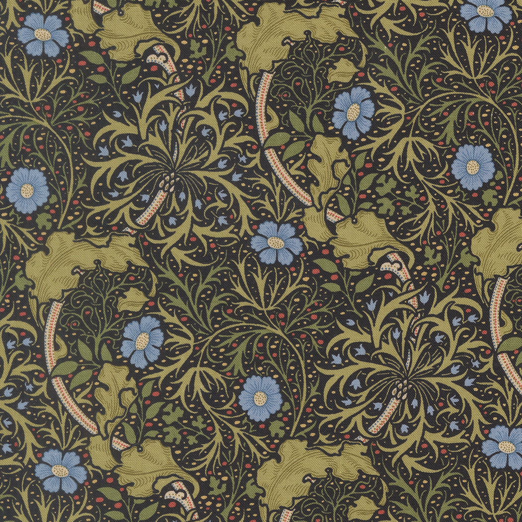 Morris Muse Seaweed Ebony quilting cotton by Barbara Brackman for Moda Fabrics featuring flowing botanical vines, delicate blue flowers, and intricate Arts & Crafts scrollwork on a rich ebony background.