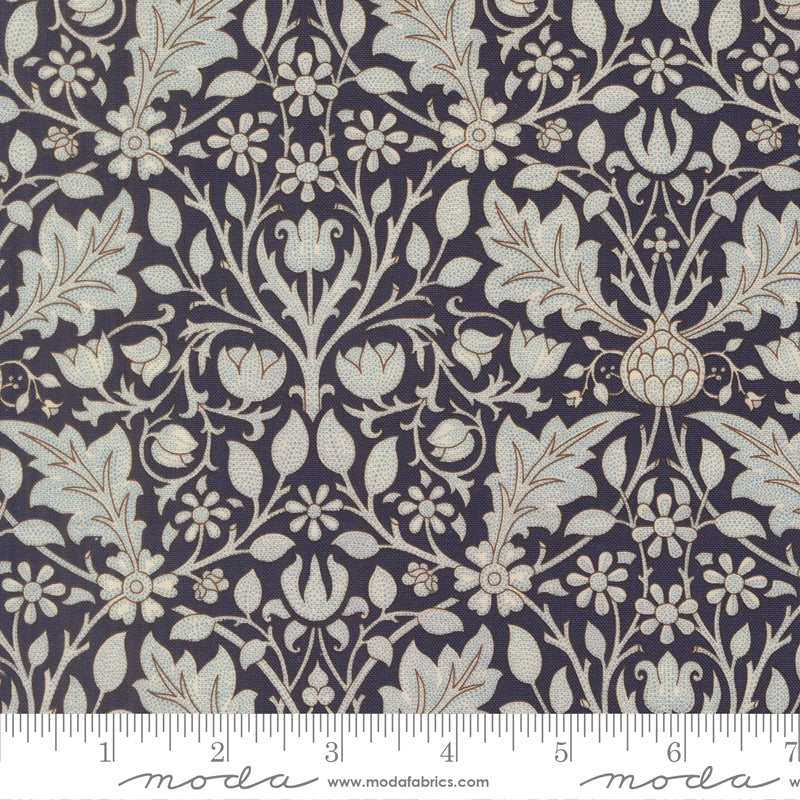 Morris Muse Triple Net Florals Twilight quilting cotton by Barbara Brackman for Moda Fabrics featuring ivory floral vines, tulips, and botanical scrollwork on a rich twilight blue background.