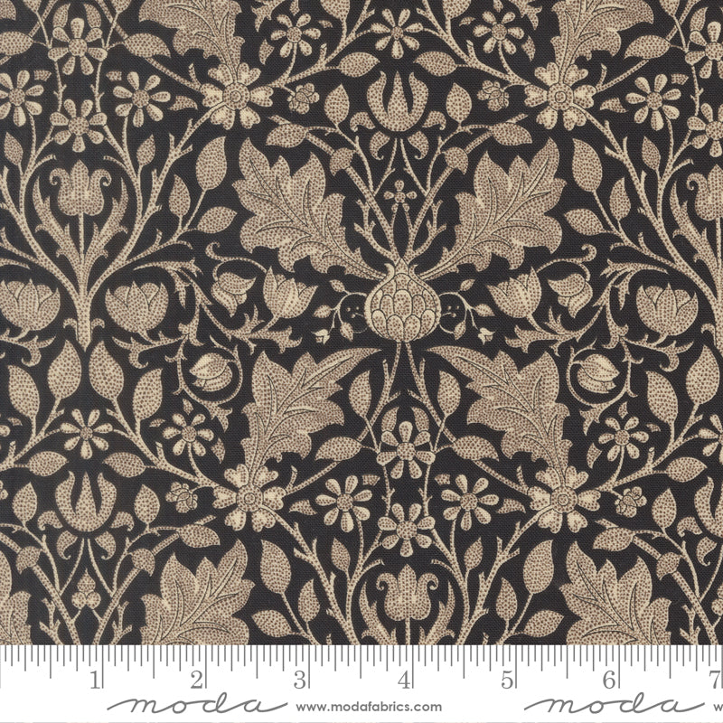 Morris Muse Triple Net Florals Ebony quilting cotton by Barbara Brackman for Moda Fabrics featuring parchment floral vines, tulips, acanthus leaves, and intricate botanical scrollwork on a rich ebony background.