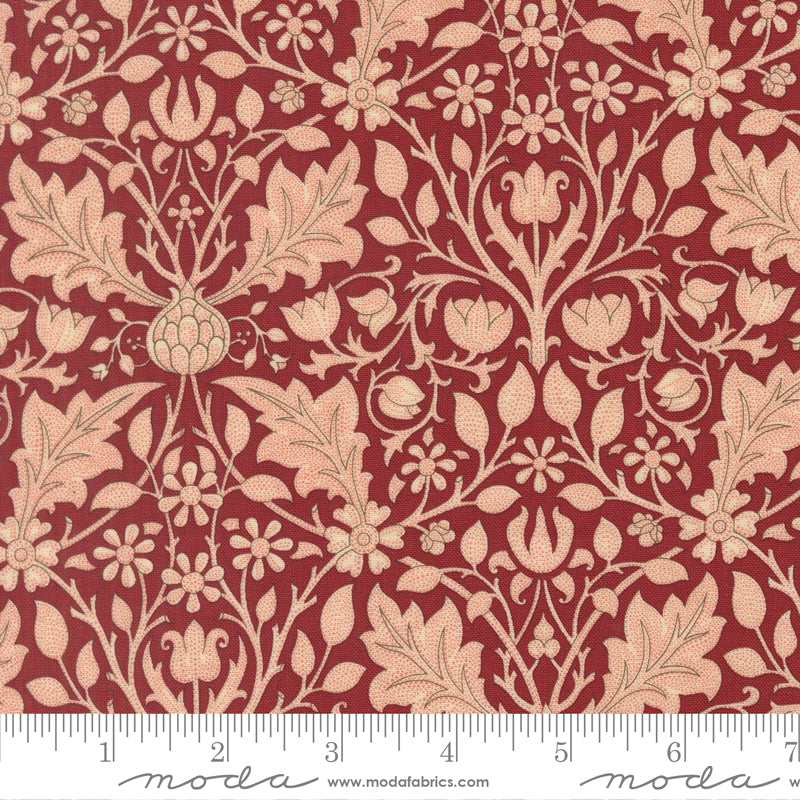 Morris Muse Triple Net Florals Russet quilting cotton by Barbara Brackman for Moda Fabrics featuring parchment floral vines, tulips, acanthus leaves, and intricate botanical scrollwork on a warm russet background.
