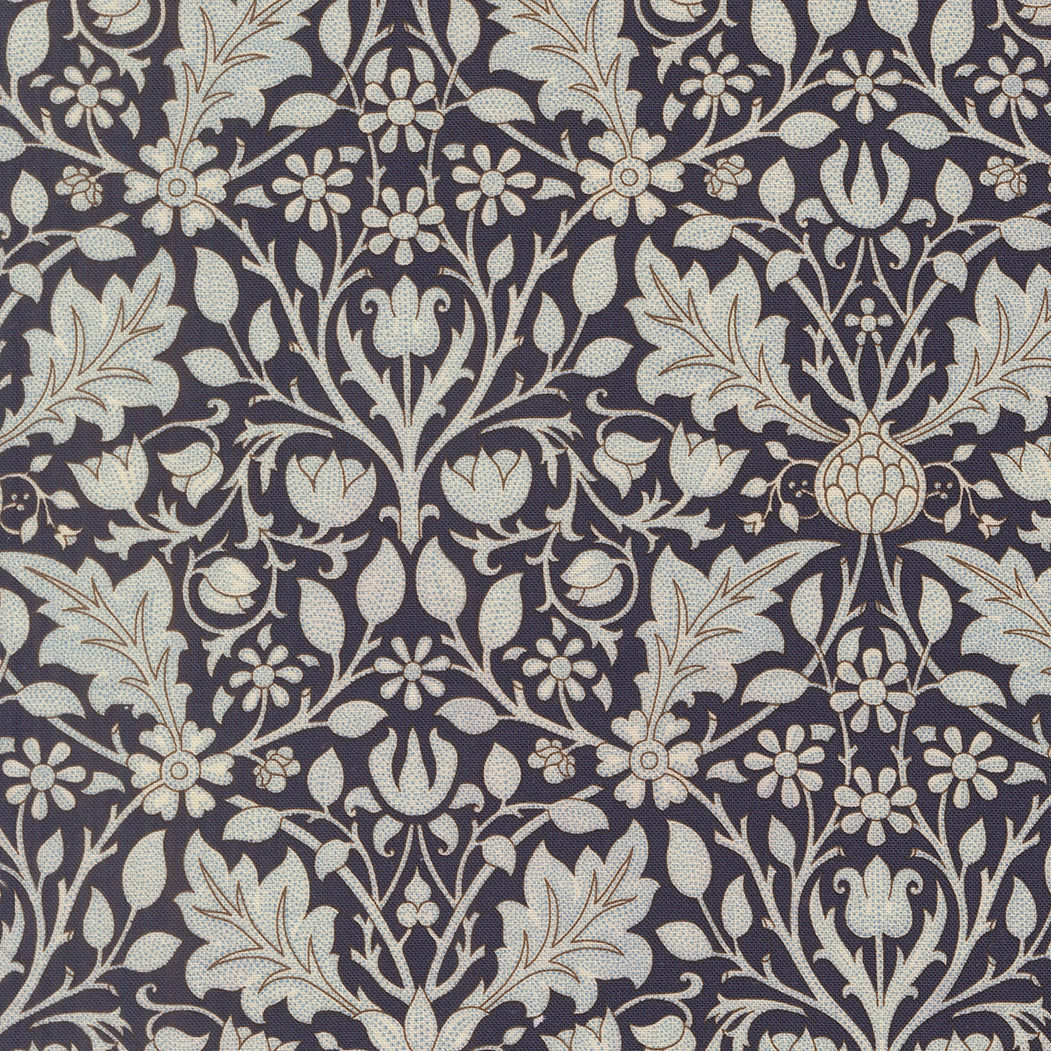 Morris Muse Triple Net Florals Twilight quilting cotton by Barbara Brackman for Moda Fabrics featuring ivory floral vines, tulips, and botanical scrollwork on a rich twilight blue background.