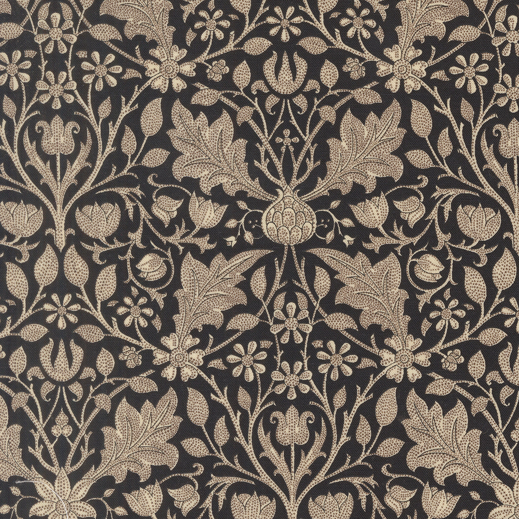 Morris Muse Triple Net Florals Ebony quilting cotton by Barbara Brackman for Moda Fabrics featuring parchment floral vines, tulips, acanthus leaves, and intricate botanical scrollwork on a rich ebony background.