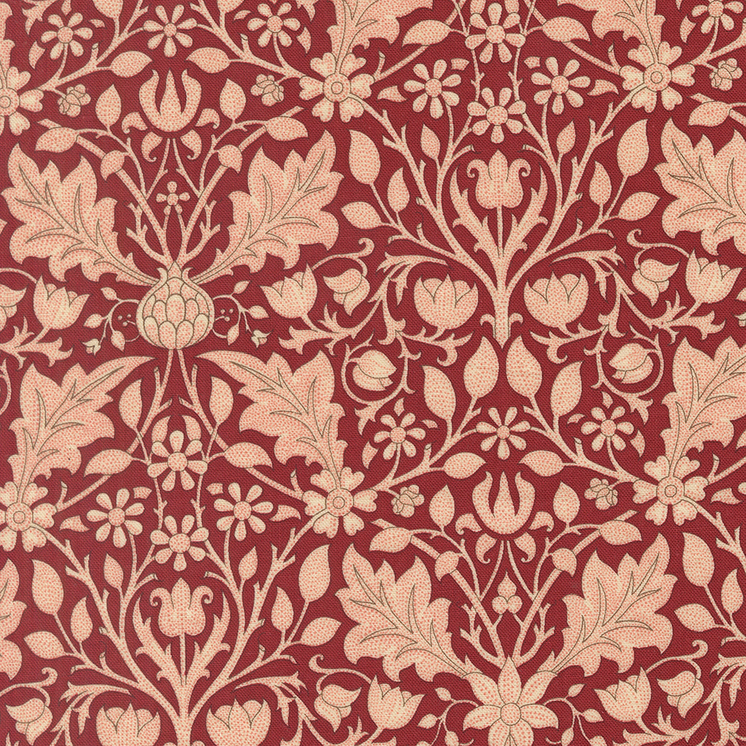 Morris Muse Triple Net Florals Russet quilting cotton by Barbara Brackman for Moda Fabrics featuring parchment floral vines, tulips, acanthus leaves, and intricate botanical scrollwork on a warm russet background.