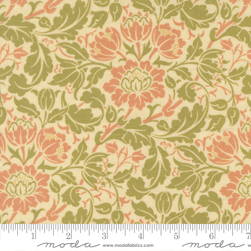 Morris Muse Flowering Scroll Parchment quilting cotton by Barbara Brackman for Moda Fabrics featuring sage green leafy scrolls, soft coral flowers, and elegant botanical vines on a parchment background.