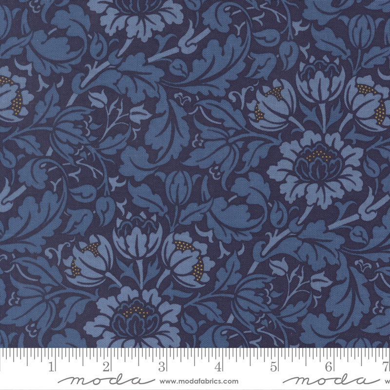 Morris Muse Flowering Scroll Twilight quilting cotton by Barbara Brackman for Moda Fabrics featuring William Morris-inspired blue floral scrolls, tulip blossoms, and botanical vines on a rich twilight blue background.