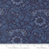 Morris Muse Flowering Scroll Twilight quilting cotton by Barbara Brackman for Moda Fabrics featuring William Morris-inspired blue floral scrolls, tulip blossoms, and botanical vines on a rich twilight blue background.