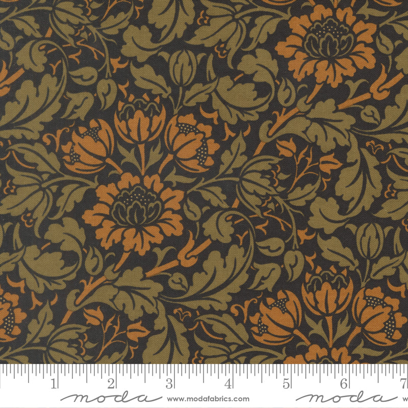 Morris Muse Flowering Scroll Ebony quilting cotton by Barbara Brackman for Moda Fabrics featuring William Morris-inspired floral scrolls, tulip blossoms, and botanical vines in olive and golden tones on an ebony background.