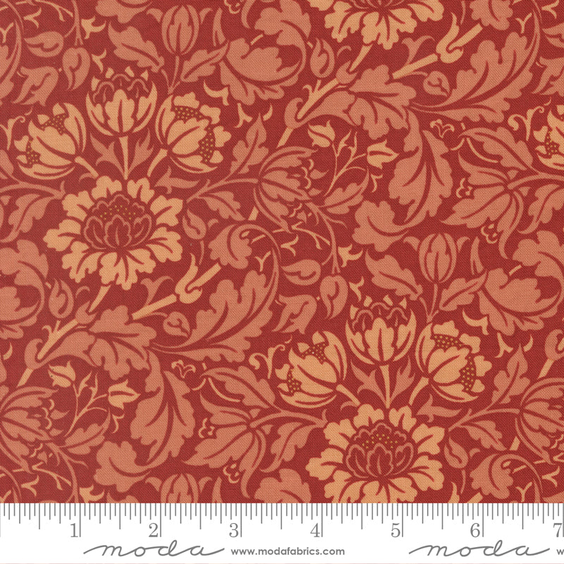 Morris Muse Flowering Scroll Russet quilting cotton by Barbara Brackman for Moda Fabrics featuring William Morris-inspired floral scrolls, tulips, and botanical foliage in warm blush and russet tones.