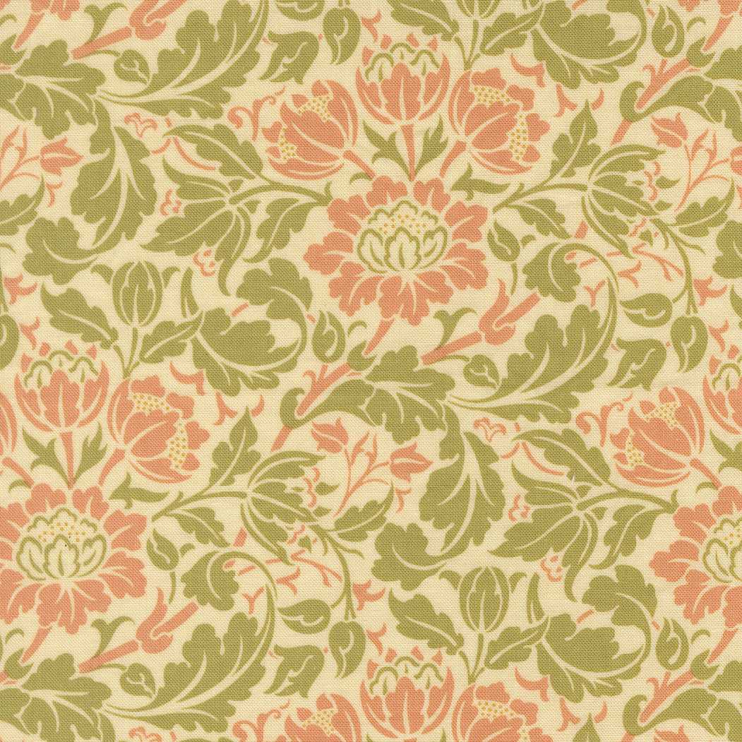 Morris Muse Flowering Scroll Parchment quilting cotton by Barbara Brackman for Moda Fabrics featuring sage green leafy scrolls, soft coral flowers, and elegant botanical vines on a parchment background.