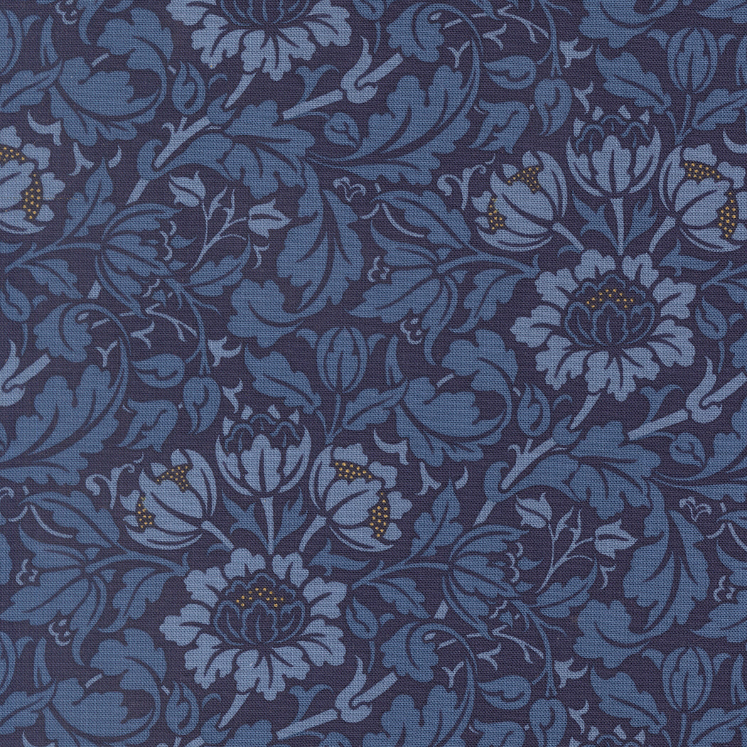Morris Muse Flowering Scroll Twilight quilting cotton by Barbara Brackman for Moda Fabrics featuring William Morris-inspired blue floral scrolls, tulip blossoms, and botanical vines on a rich twilight blue background.
