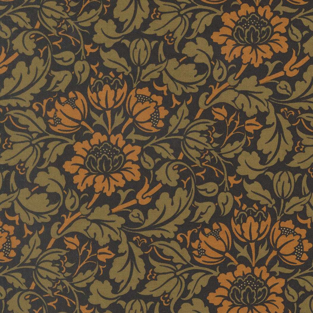Morris Muse Flowering Scroll Ebony quilting cotton by Barbara Brackman for Moda Fabrics featuring William Morris-inspired floral scrolls, tulip blossoms, and botanical vines in olive and golden tones on an ebony background.