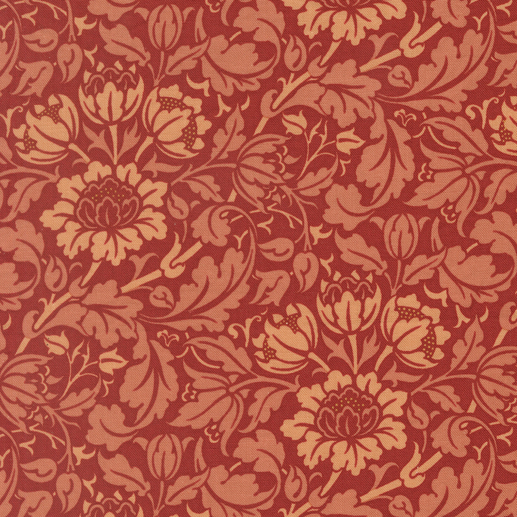 Morris Muse Flowering Scroll Russet quilting cotton by Barbara Brackman for Moda Fabrics featuring William Morris-inspired floral scrolls, tulips, and botanical foliage in warm blush and russet tones.