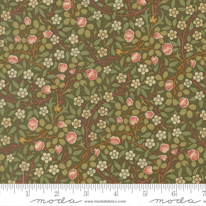 Morris Muse Clover Sage quilting cotton by Barbara Brackman for Moda Fabrics featuring delicate clover blossoms, tiny white flowers, and trailing botanical vines in sage green and blush pink.