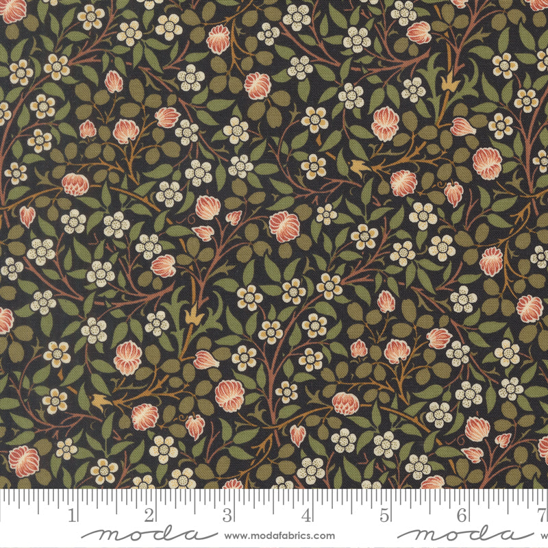 Morris Muse Clover Ebony quilting cotton by Barbara Brackman for Moda Fabrics featuring delicate blush clover blossoms, tiny white flowers, and trailing botanical vines on a rich ebony background.