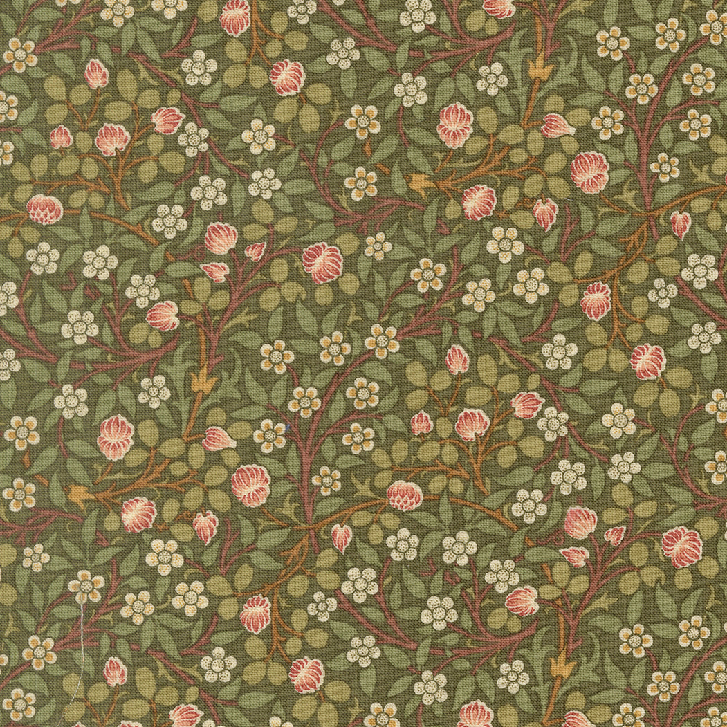 Morris Muse Clover Sage quilting cotton by Barbara Brackman for Moda Fabrics featuring delicate clover blossoms, tiny white flowers, and trailing botanical vines in sage green and blush pink.