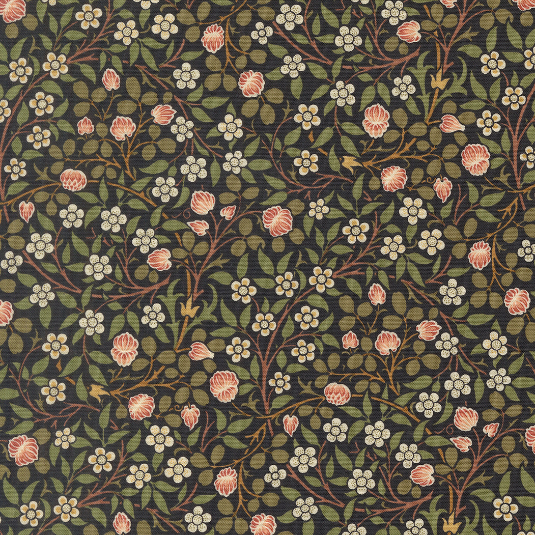 Morris Muse Clover Ebony quilting cotton by Barbara Brackman for Moda Fabrics featuring delicate blush clover blossoms, tiny white flowers, and trailing botanical vines on a rich ebony background.