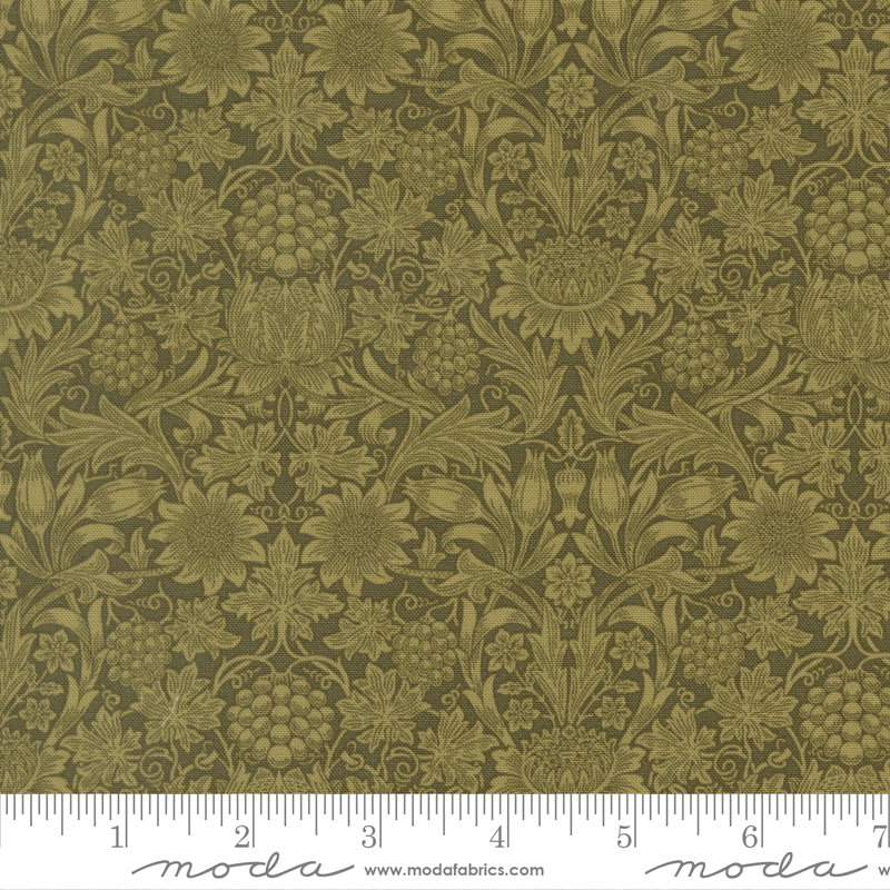 Morris Muse Sunflower Damask Sage premium quilting cotton featuring an elegant tone-on-tone floral damask with sunflowers, grapes, thistles, and scrolling vines by Barbara Brackman for Moda Fabrics.
