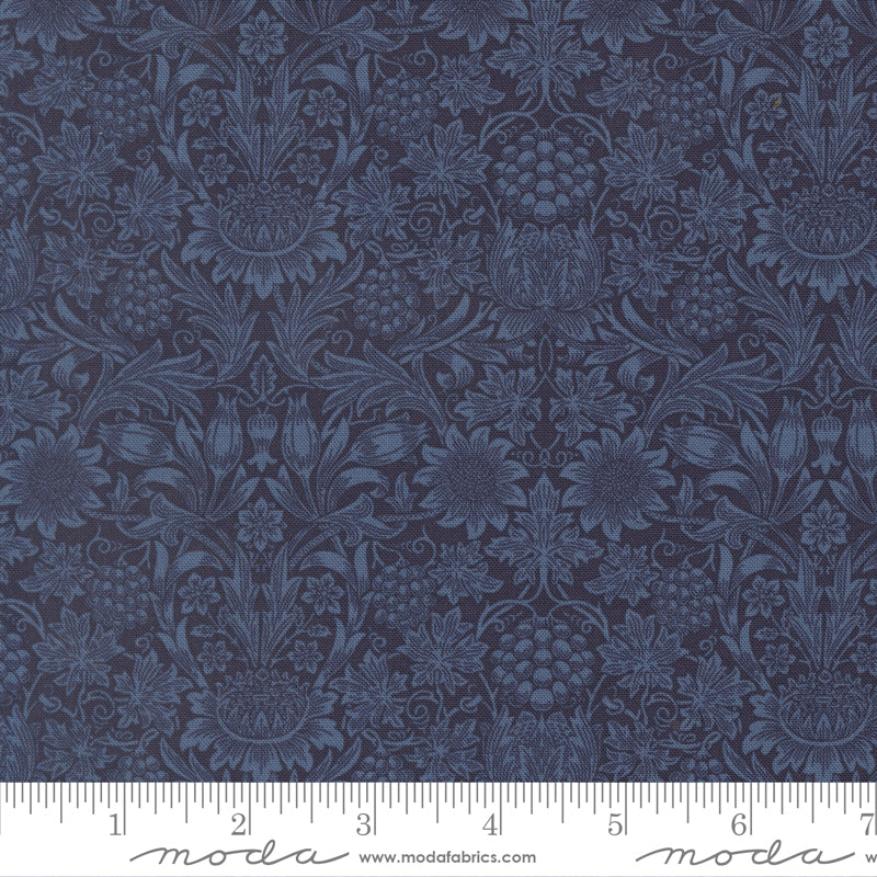 Morris Muse Sunflower Damask Twilight quilting cotton by Barbara Brackman for Moda Fabrics featuring an intricate William Morris-inspired damask with stylized sunflowers, grapes, scrolling vines, and botanical motifs in tone-on-tone twilight blue.