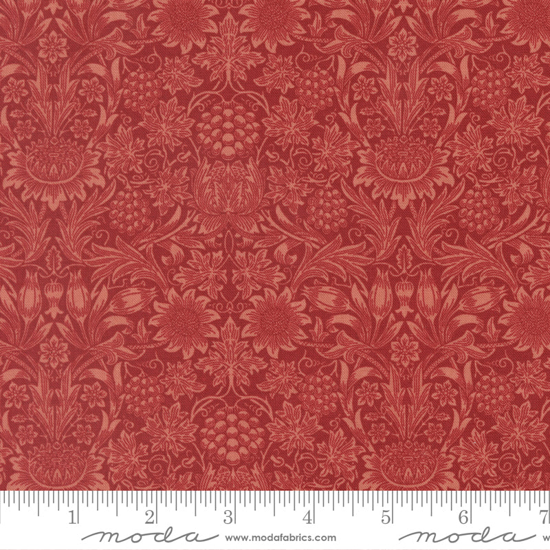 Morris Muse Sunflower Damask Russet quilting cotton by Barbara Brackman for Moda Fabrics featuring an intricate William Morris-inspired damask with stylized sunflowers, grapes, scrolling vines, and botanical motifs in warm tone-on-tone russet.