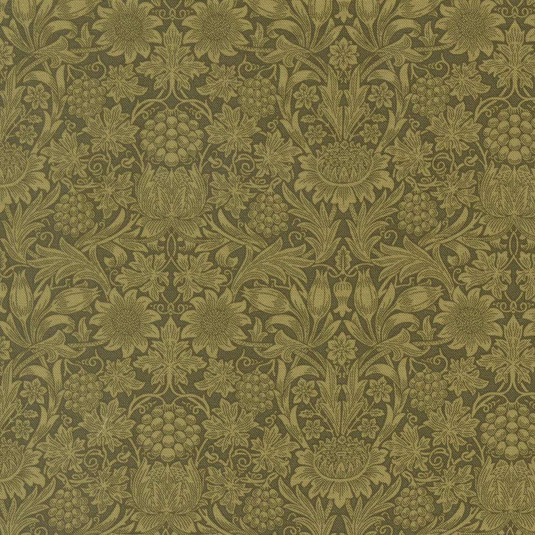 Morris Muse Sunflower Damask Sage premium quilting cotton featuring an elegant tone-on-tone floral damask with sunflowers, grapes, thistles, and scrolling vines by Barbara Brackman for Moda Fabrics.