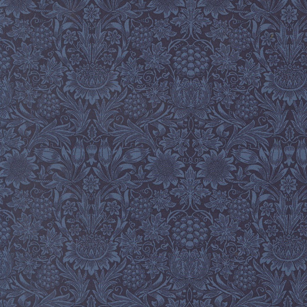 Morris Muse Sunflower Damask Twilight quilting cotton by Barbara Brackman for Moda Fabrics featuring an intricate William Morris-inspired damask with stylized sunflowers, grapes, scrolling vines, and botanical motifs in tone-on-tone twilight blue.