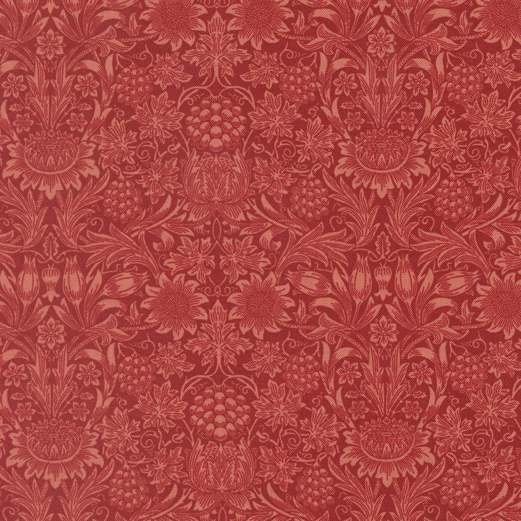 Morris Muse Sunflower Damask Russet quilting cotton by Barbara Brackman for Moda Fabrics featuring an intricate William Morris-inspired damask with stylized sunflowers, grapes, scrolling vines, and botanical motifs in warm tone-on-tone russet.