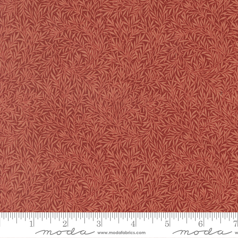 Morris Muse Willow Russet premium quilting cotton featuring an elegant tone-on-tone willow leaf print in warm russet brown by Barbara Brackman for Moda Fabrics.