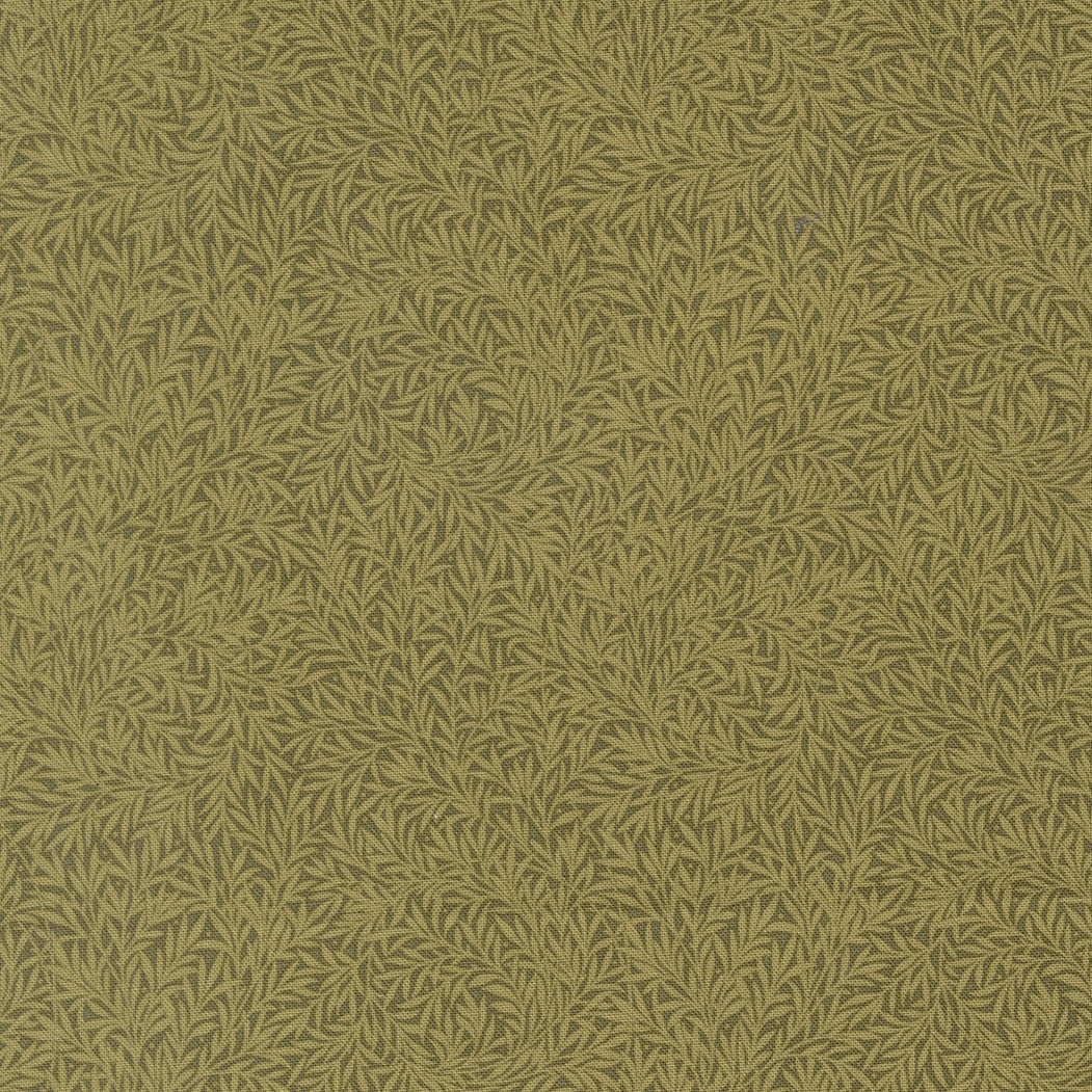 Morris Muse Willow Sage quilting cotton by Barbara Brackman for Moda Fabrics featuring an allover William Morris-inspired willow leaf pattern in soft sage green tones.