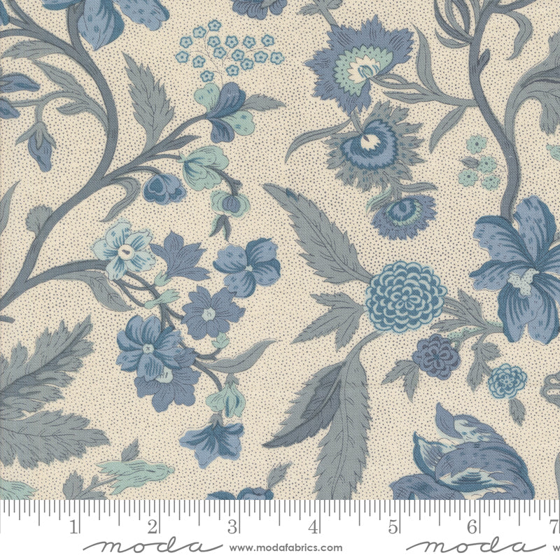Sacre Bleu Parterre Pearl French Blue fabric by French General – Moda cotton with elegant floral medallions.