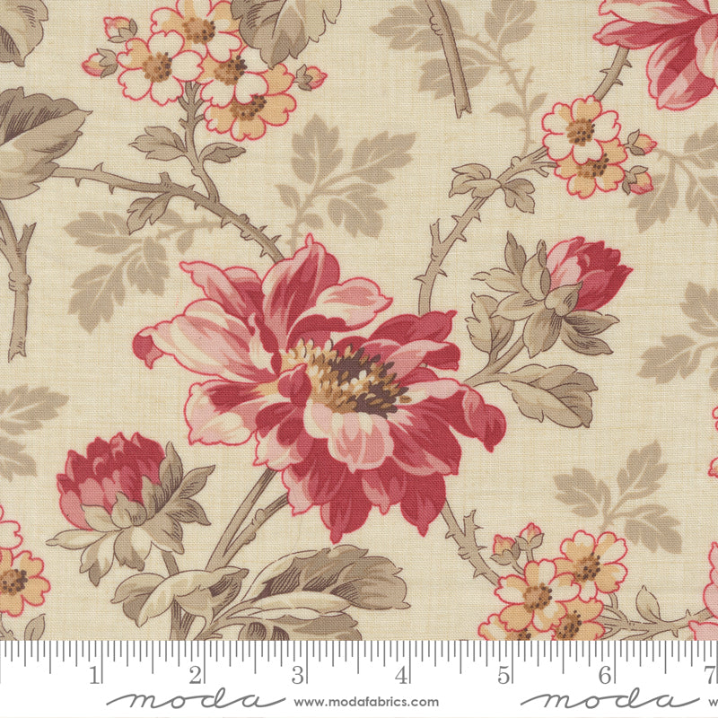 Vintage floral quilting cotton fabric with romantic red flowers on pearl background by French General for Moda Fabrics