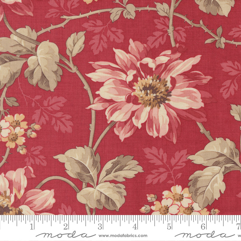 Vintage floral quilting cotton fabric with elegant pink flowers on rouge red background by French General for Moda Fabrics