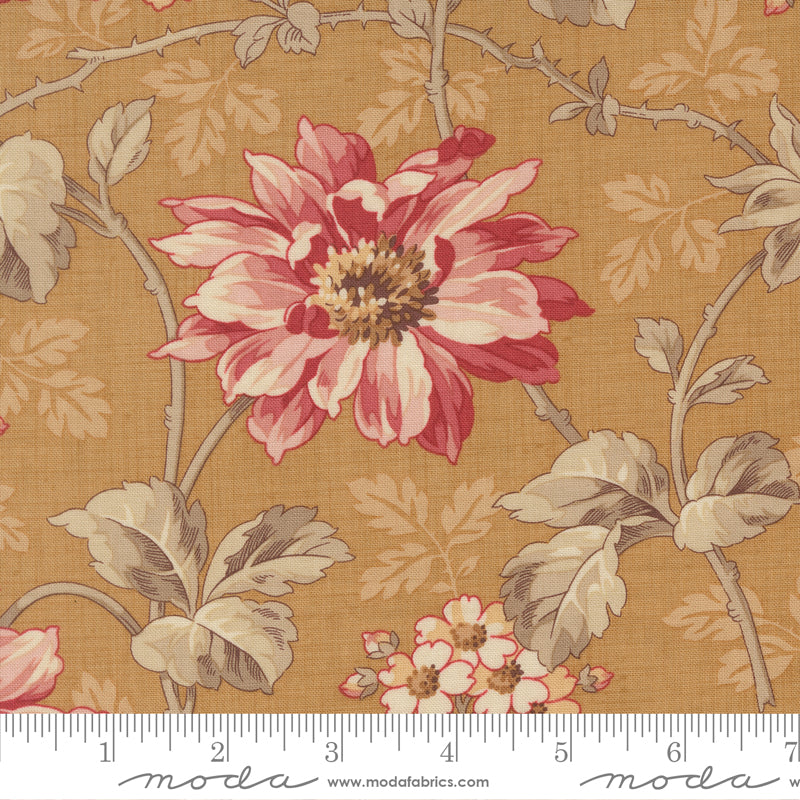 Vintage floral quilting cotton fabric with large blush pink flowers on tea gold background by French General for Moda Fabrics