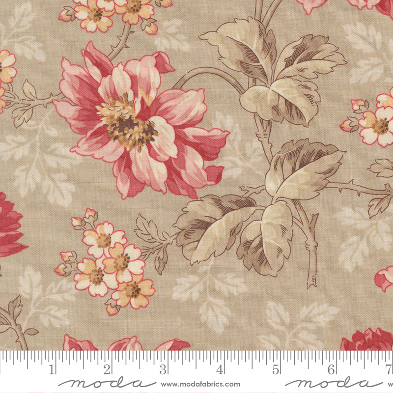 Vintage floral quilting cotton fabric with pink flowers and delicate vines on warm neutral roche background by French General for Moda Fabrics