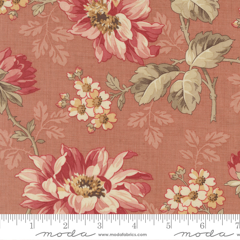 Vintage floral quilting cotton fabric with pink flowers and botanical vines on warm clay pink background by French General for Moda Fabrics